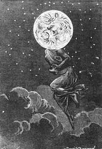 An illustration captioned "lunar stomach-ache", from Jules Verne's novel Around the Moon drawn by émile-Antoine Bayard and Alphonse de Neuville. It refers to a discussion on a "violent contraction of the lunar crust":“A contraction! Something like a lunar stomach-ache.” (1872)