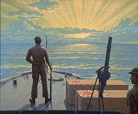 "Sinking Sun": painting by Griffith Baily Coale, oil on canvas, 1942. A U.S. Marine stands at parade rest on the bow of a PT boat as she moves slowly out to sea from Midway to give decent burial to Japanese fliers shot down on the islands during the battle. The red ball of the rising sun is prophetically repeated by the round disc and spreading rays of the sinking sun.