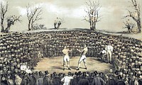 Painting by artist and former boxer Jem Ward of the fight for the "Championship of England and America" between Thomas Sayers and John C. Heenan in 1860.