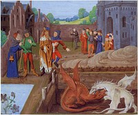 Illumination of a 15th-century manuscript of Historia Regum Britanniae showing king of the Britons Vortigern and Ambros watching the fight between two dragons.