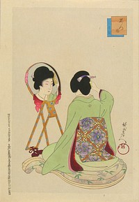 A woodblock print from the 24 prints series by Yōshū Chikanobu (1838-1912) The East (Azuma あづま), published by Fukuda Hatsujirō, depicting a woman applying make-up (keshō).