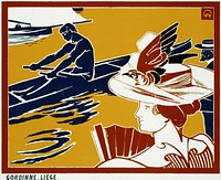 Advertisement for Meuse River rowing regatta. Entitled "Regate et chapeau &agrave; plumes (Regatta and plumed hat)." Man rowing, girl watching wearing plumed hat (1895) by Auguste Donnay.