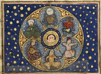 The seven classical planets, miniature from an Ottoman manuscript, The Marvels of Creation, written in the 12th century by the cartographer Zakariya al-Qazwini, now preserved in the Biblioth&egrave;que M&eacute;diath&egrave;que, Bordeaux (1150) by     Zakariya al-Qazwini.