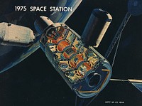 This picture illustrates a concept of a 33-Foot-Diameter Space Station Leading to a Space Base. In-house work of the Marshall Space Flight Center, as well as a Phase B contract with the McDornel Douglas Astronautics Company, resulted in a preliminary design for a space station in 1969 and 1970. The Marshall-McDonnel Douglas approach envisioned the use of two common modules as the core configuration of a 12-man space station. Each common module was 33 feet in diameter and 40 feet in length and provided the building blocks, not only for the space station, but also for a 50-man space base. Coupled together, the two modules would form a four-deck facility: two decks for laboratories and two decks for operations and living quarters. Zero-gravity would be the normal mode of operation, although the station would have an artificial gravity capability. This general-purpose orbital facility was to provide wide-ranging research capabilities. The design of the facility was driven by the need to accommodate a broad spectrum of activities in support of astronomy, astrophysics, aerospace medicine, biology, materials processing, space physics, and space manufacturing. To serve the needs of Earth observations, the station was to be placed in a 242-nautical-mile orbit at a 55-degree inclination. An Intermediate-21 vehicle (comprised of Saturn S-IC and S-II stages) would have launched the station in 1977.