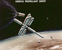 In this artist's concept from 1971, an Earth-to orbit fuel tanker approaches the Orbital Propellant Depot. As envisioned by Marshall Space Flight Center Program Development planners, an orbital modular propellant storage depot, supplied periodically by the Space Shuttle or Earth-to-orbit fuel tankers would be critical in making available large amounts of fuel to various orbital vehicles and spacecraft.