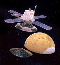 Artist's impression of the Viking Orbiter spacecraft. Artist's description: "The Viking Orbiter spacecraft releases the aeroshell clad lander near the 'high point' of it's orbit around Mars. The planet is shown based on Mariner 9 photography, oriented as it should appear during separation. Oil on canvas panel for NASA Headquarters."