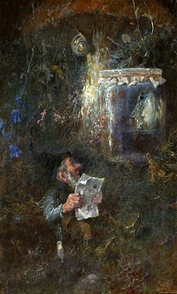 Gnome with newspaper and tobacco pipe under a toadstool, with a snail above him and a tree frog in the glass by Heinrich Schlitt