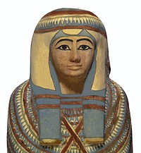 Mummification preserved mortal remains in order to house the Ka, or life force of the individual, as it needed to return to the body to find sustenance. The human-shaped covering, called "cartonnage," is composed of layers of linen and plaster. Its painted decoration includes the floral wreath on the wig, a broad collar, and a winged scarab beetle. Five additional registers of decoration show the protective four sons of Horus, the sacred boat of the funerary-deity Sokar, a mummy of Osiris on a funerary bed, a divine falcon god, and a short hieroglyphic text with an offering formula. See the additional media for a facial reconstruction of the mummy, courtesy of Michael Brassell, as well as a color reconstruction of the cartonnage.