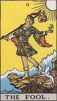 The Fool card from the Rider–Waite tarot deck, scanned by Holly Voley (http://home.comcast.net/~vilex/) for the public domain, and retrieved from http://www.sacred-texts.com/tarot (see note on that page regarding source of images)