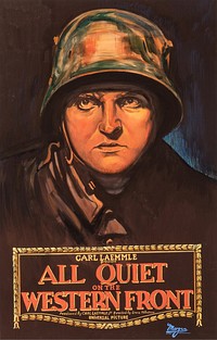 Poster for the 1930 film All Quiet on the Western Front.The item has no copyright markings on it as can be seen in the links above. At lower right is a logo for the Morgan Litho Company--they printed the poster-and numbers which likely related to the poster print job.. At lower left is Country of origin USA.United States Copyright Office page 2 "Visually Perceptible Copies The notice for visually perceptible copies should contain all three elements described below. They should appear together or in close proximity on the copies.1 The symbol © (letter C in a circle); the word “Copyright”; or the abbreviation “Copr.”2 The year of first publication. If the work is a derivative work or a compilation incorporating previously published material, the year date of first publication of the derivative work or compilation is sufficient. Examples of derivative works are translations or dramatizations; an example of a compilation is an anthology. The year may be omitted when a pictorial, graphic, or sculptural work, with accompanying textual matter, if any, is reproduced in or on greeting cards, postcards, stationery, jewelry, dolls, toys, or useful articles.3 The name of the copyright owner, an abbreviation by which the name can be recognized, or a generally known alternative designation of owner.1 Example © 2007 Jane Doe."