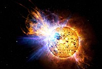 Featured image of NASA. Explosión de EV Lacertae:For many years scientists have known that our sun gives off powerful explosions, known as flares, that contain millions of times more energy than atomic bombs.But when astronomers compare flares from the sun to flares on other stars, the sun's flares lose. On April 25, 2008, NASA's Swift satellite picked up a record-setting flare from a star known as EV Lacertae. This flare was thousands of times more powerful than the greatest observed solar flare. But because EV Lacertae is much farther from Earth than the sun, the flare did not appear as bright as a solar flare. Still, it was the brightest flare ever seen from a star other than the sun.What makes the flare particularly interesting is the star. EV Lacertae is much smaller and dimmer than our sun. In other words, a tiny, wimpy star is capable of packing a very powerful punch.How can such a small star produce such a powerful flare? The answer can be found in EV Lacertae's youth. Whereas our sun is a middle-aged star, EV Lacertae is a toddler. The star is much younger than our sun, and is still spinning rapidly. The fast spin, together with its churning interior, whips up gases to produce a magnetic field that is much more powerful than the sun's magnetic field.