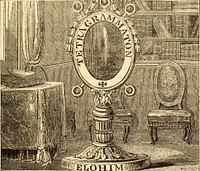 Identifier: astrologerofnine00raph (find matches)Title: The astrologer of the nineteenth centuryYear: 1825 (1820s)Authors: Raphael, pseud., 1795-1832 Anglicus, Merlinus, junior, GentSubjects: Astrology OccultismPublisher: London : Knight & LaceyContributing Library: Yale University, Cushing/Whitney Medical LibraryDigitizing Sponsor: Open Knowledge Commons and Yale University, Cushing/Whitney Medical LibraryView Book Page: Book ViewerAbout This Book: Catalog EntryView All Images: All Images From BookClick here to view book online to see this illustration in context in a browseable online version of this book.Text Appearing Before Image:ick into the ointment, and she had present ease, after sometime, we took the toothpick, and put it into vinegar, whereuponshe was presently in extreme pain; we then took it from out thevinegar, and again applied it unto the ungent, and she was imme-diately well, and so continued.—Blagraves Practice of Physic. THE SLEEP OF PLANTS. The common chicken weed, with white blossoms, affords a no-table instance of what is called the sleep of plants, for everynight, the leaves approach in pairs, so as to include within theirupper surface the tender rudiments of the new shoots, while the up-permost pair but one, at the end of the stalk, are furnished withlonger leaf stalks, than the others, so that they close on the termi-nating pair, and protect the branch.—Literary Chronicle. * Sir Kenelm Digby relates upon his own testimony many surprising in-stances of its wonderful efficacy, as also the celebrated Van Ilehnont and otherswho lived in tire seventeenth century. 509 ILLUSTRATION, No. LXXXI,Text Appearing After Image:CIRCLE VIII.—SECT. VII. A REPRESENTATION AND DESCRIPTION OF THE Btrfm anfl ©fittmrnfm* FROM A RARE GERMAN ALCHEMICAL MANUSCRIPT. The above illustration exhibits a correct view of the Urim andThummim; it consists of a pedestal formed according to the rules ofthe magical science, of a composition termed by the theurgists,electrum magicum, with the word -f* GBIoI)im + on the pedestal ;in the centre of this is placed a pillar, which supports an ovalchrystal, or polished surface set in gold, and around which mustbe inscribed the mighty name of supreme majesty + ^Twacrarrr-* In the possession of the Mercurii. 510 THE ASTROLOGER OF THE NINETEENTH CENTURY. matton -f. Round it are five small chrystals, to represent theanimal, vegetable, mineral, and astral kingdoms, and the one ontop to represent the A of the Lord. The whole must be preservedin a case free from dust. The Composition of the Electrum Magicum, Being a rare MS. Secret, that has never yet been made Public, Take four half ouncesNote About ImagesPlease note that these images are extracted from scanned page images that may have been digitally enhanced for readability - coloration and appearance of these illustrations may not perfectly resemble the original work.