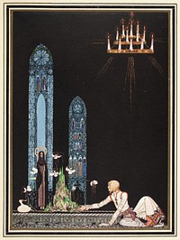 ‘“On that island stands a church; in that church is a well; in that well swims a duck.”’Illustration by Kay Nielsen in East of the sun and west of the moon (1914).In the early twentieth century several English publishers issued a series of collector’s editions of children’s literature. These gift books, specially bound in gold-tooled vellum, were elaborately illustrated with coloured plates by the best illustrators of the time such as Arthur Rackham, Edmund Dulac, Hugh Thomson, and Heath Robinson. One of the most stunning is East of the sun and west of the moon illustrated by the Danish illustrator, Kay Nielsen.Nielsen (1886-1957) was born in Denmark and studied art in Paris. He was influenced by the styles of Aubrey Beardsley, Edward Burne-Jones and the influx of Japanese art that was spreading to the West at this time. East of the sun was his second book and is considered to be his masterpiece and one of the most beautiful illustrated children’s books ever produced.Nielsen’s burgeoning career was interrupted by World War I, and never really recovered. His publisher, Hodder & Stoughton tried unsuccessfully to reinvigorate the market for gift books after the war and in 1924 and 1925 issued two further fairy tales books illustrated by Nielsen, but these were on a more modest scale and the demand for extravagant books of this type had gone. Nielsen fell into obscurity and died in poverty in 1957.