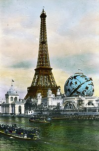 Original descripton: Paris Exposition: Eiffel Tower and Celestial Globe, Paris, France, 1900. Eiffel Tower and Celestial Globe. Brooklyn Museum Archives, Goodyear Archival Collection (S03_06_01_015 image 1968). - Extra information: from left to right: Service des Eaux, Eiffel Tower, Maréorama, Globe céleste.