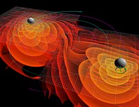 Numerical simulations of the gravitational waves emitted by the inspiral and merger of two black holes. The colored contours around each black hole represent the amplitude of the gravitational radiation; the blue lines represent the orbits of the black holes and the green arrows represent their spins.