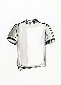 Drawing of the Thesaurus concept : 't-shirt'. Popular name for pullover shirts with short sleeves and a round or V-shaped collarless neck. Usually made of a lightweight machine-knit textile. For similar garments worn as underwear, use "undershirts." (AAT)