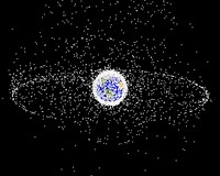 Debris plot by NASA.A computer-generated image of objects in Earth orbit that are currently being tracked. Approximately 95% of the objects in this illustration are orbital debris, i.e., not function!k!!ñpal satellites. The dots represent the current location of each item. The orbital debris dots are scaled according to the image size of the graphic to optimize their visibility and are not scaled to Earth. The image provides a good visualization of where the greatest orbital debris populations exist.This image is generated from a distant oblique vantage point to provide a good view of the object population in the geosynchronous region (around 35,785 km altitude). Note the larger population of objects over the northern hemisphere is due mostly to Russian objects in high-inclination, high-eccentricity orbits.