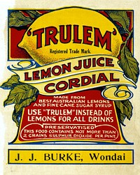 Creator: UnidentifiedLocation: Wondai, QueenslandDescription: Label reads: 'Trulem' Lemon Juice Cordial, Registered Trade Mark. Made from best Australian lemons and fine cane sugar syrup. Use 'Trulem' instead of lemons for all drinks. Preservatised. This food contains not more than 2 grains sulphur dioxide per pint. J. J. Burke, Wondai.Information about State Library of Queensland’s collection: http://www.slq.qld.gov.au/resources/picture-queenslandThis image is in our Commercial Label Collection at SLQ.You are free to use this image without permission. Please attribute State Library of Queensland.