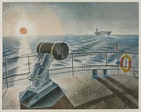 Midnight Sun 1940 Eric Ravilious 1903-1942 Presented by the War Artists Advisory Committee 1946Ravilious was attached to the Admiralty with the honorary rank of Captain, Royal Marines from February 1940. Submarines in Dry Dock was probably painted at Chatham or Sheerness where he spent much of the first two months of his service as a war artist. Midnight Sun was painted shortly after, on a trip to Norway in a destroyer. Gallery label, September 2004http://www.tate.org.uk/art/work/N05723