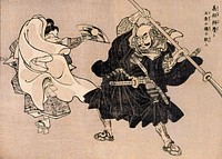 歌川国芳 作、"義経よしつね　辨慶べんけいと 五条ごぜうの橋はしで 戰(たたか)ふ" (「義経記ぎけいき」の一場面、「和漢英雄伝わかんえいゆうでん」より) by Utagawa Kuniyoshi.