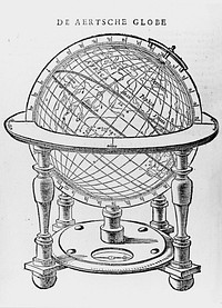 A drawing of Emery Molyneux's terrestrial globe from Robert Hues (1623) Tractaet ofte Handelinge van het gebruyck der Hemelscher ende Aertscher Globe: In't Latyn eerst beschreven door Robertvm Hves, Mathematicum / en nu in Nederduytsch over-geset en met diversche nieuwe Verklaringen en Figuren vermeerdert en verciert / oock vele disputable questien gesolveert, door Iohannem Isacivm Pontanvm, Medicyn, en Professor der Philosophie inde vermaerde Schole te Harderwyck, Amsterdam: Iudocus Hondius, woonende op den Dam See http://www.mhs.ox.ac.uk/measurer/text/fig22.htm#figure22.