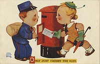 Cartoon of mailman and woman with the mail, Only Just Caught the Post