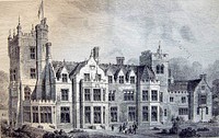 Hope End Mansion, Ledbury, Herefordshire, England. Engraving from The Builder, 8 November 1873, caption "Mansion at Hope End near Malvern — Messrs. Habershon, Pite, & Fawckner, Architects."