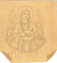 Een engel, staand, in een wolk, spelend op een luit. In medaillon. Afkomstig uit een verzamelmap met ontwerpen en tekeningen door Cuypers' kunstwerkplaatsen in het Cuypershuis (inventarisnummer 0682).
