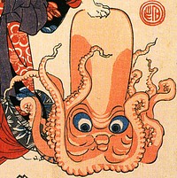 A cat dressed as a woman tapping the head of an octopus by Utagawa Kuniyoshi.