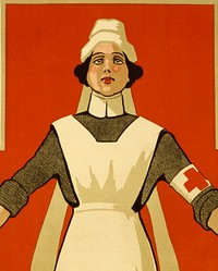 A WWI poster showing a nurse, with her arms outstretched, standing before a large red cross; in background a Red Cross hospital ship, ambulance and field hospital. Printed by William Brooks & Co. Ltd, Litho., Sydney.