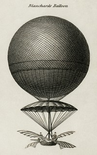 Cropping of a technical illustration showing early balloon designs: The cropping concerns the "Blanchard's balloon". Note in the original engravement the "form of the wings employed by Blanchard."