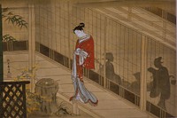 Harunobu, nishiki-e print of unusual size of 13.6" by 21.3". Probably between 1760 and 1770. Museum of Fine Arts, Boston (cropped) : Parody of the Muken no Kane Scene in the Play Hiragana Seisuiki: Woman Standing on a Veranda outside a Room with a Party