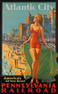 Poster for Pennsylvania Railroad. Atlantic City— America’s All-Year Resort. Painting by Edward Mason Eggleston. Published by the Osborne Company (O Co) of Clifton, New Jersey, shown at bottom right of image. Image includes the Marlborough-Blenheim Hotel over her left shoulder (right side of image).
