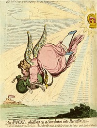 Mrs. Schwellenberg, enormously fat and heavily laden, supported by small wings, floats or falls head foremost down a broad slanting ray, which extends from a sun with a crown in its centre in the upper right corner of the print and stretches across the sea to a castellated town flying a flag inscribed 'Hanover'. Half only of the crown and sun is visible. Her massive legs terminate in tiny feet. In her arms are two large money-bags, labelled 'Pr Ann.' and '£1000000'. Her bulging pocket hangs downwards, a rosary and cross hanging from it. Beneath the title is etched:"Down thither, prone in flight, - Lo Schwelly speeds, & with her brings, the Gems, and Spoils of Heav'n," 11 October 1791Hand-coloured etching