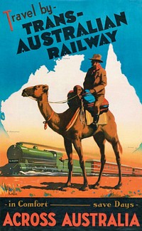 Commonwealth Railways poster -- "Travel by Trans-Australian Railway across Australia – in comfort – save days