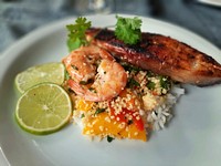 Free vegetable couscous with shrimps and fish image, public domain food CC0 photo.