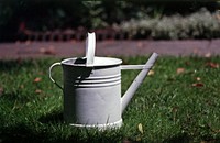Watering can on grass in garden. Free public domain CC0 image.
