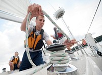 NEW LONDON, Conn. -- U.S. Coast Guard Academy cadets practice sailing a Leadership 44 sailboat on the Thames River Sept. 10, 2014, in preparation for an upcoming competition. U.S. Coast Guard photo by Petty Officer 2nd Class Cory J. Mendenhall. Original public domain image from Flickr