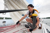 NEW LONDON, Conn. -- U.S. Coast Guard Academy cadets practice sailing a Leadership 44 sailboat on the Thames River Sept. 10, 2014, in preparation for an upcoming competition. U.S. Coast Guard photo by Petty Officer 2nd Class Cory J. Mendenhall. Original public domain image from Flickr