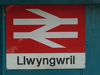 Llwyngwril railway station sign, Wales, UK, August 17, 2015.