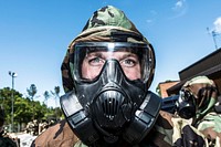 U.S. Air Force Staff Sgt. Brett Fonteyne, a Command Post Controller assigned to the 169th Fighter Wing, wears his MOPP suit during the combat kills training rodeo at McEntire Joint National Guard Base, Eastover, S.C., April 16, 2016.