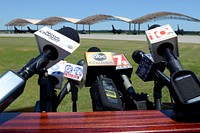 Multiple news media prepare to be briefed by U.S. Army Maj. Gen. Robert E. Livingston Jr., the State Adjutant General for the South Carolina National Guard and Brig. Gen. Van McCarty, the Deputy Adjutant General for the South Carolina National Guard, and U.S. Air Force Col. Nicholas Gentile, the commander of the 169th Fighter Wing of the South Carolina Air National Guard, during a second press conference at McEntire Joint National Guard Base, S.C., June 8, 2016 after two F-16s from the South Carolina Air National Guard's 169th Fighter Wing collided mid-air during routine night flying training in the Jefferson County Georgia area.