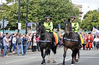 Riding police with Shire horses at Liverpool Pride Parade, UK - 30 July 2016