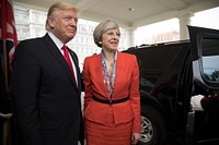 President Donald Trump greets British Prime Minister Theresa May upon her arrival, Friday, Jan. 27, 2017, to the West Wing entrance of the White House in Washington, D.C. (Official White House Photo by Shealah Craighead). Original public domain image from Flickr