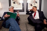 President Barack Obama shares a moment with Jay Leno off set of the Tonight Show at NBC Studios, Burbank, Calif., March 19, 2009.