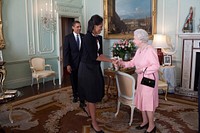 President Barack Obama and First Lady Michelle Obama are welcomed by Her Majesty Queen Elizabeth II to Buckingham Palace in London, England, April 1, 2009.