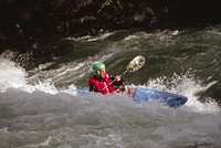 Man kayaking in Deschutes River, Deschutes National Forest Recreation, kayaking Deschutes River, Deschutes National Forest. Original public domain image from Flickr