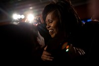 First Lady Michelle Obama hugs a supporter during her visit to the Department of Homeland Security in Washington, D.C., April 14, 2009.