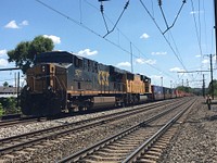 CSX freight train in Washington, D.C. Two workers from the train were fatally injured when struck by a passing Amtrak train on June 27, 2017. (Photo by NTSB). Original public domain image from Flickr