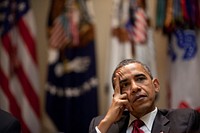 President Barack Obama listens during a communications planning meeting in the Roosevelt Room of the White House, July 6, 2010.